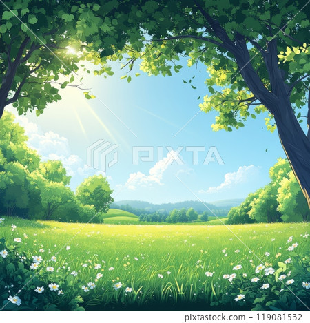 Beautiful cartoon grassland with trees and blue sky 119081532