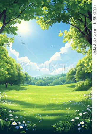 Beautiful cartoon grassland with trees and blue sky 119081535