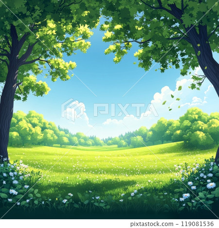 Beautiful cartoon grassland with trees and blue sky 119081536