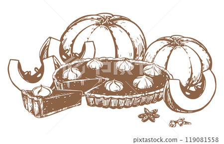 Autumn pumpkin pie with whipped cream. Traditional baking for Thanksgiving and Halloween. Vector illustration in hand sketch style. Ink drawing of a piece of pie and whole pumpkins. 119081558