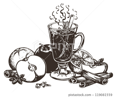 Mulled wine with cinnamon stick, star anise. Glass with warm wine, apples and oranges. Hand drawn vector illustration. Engraved style of winter alcoholic warming drink with spices. Drawing for menu. Mulled wine with cinnamon stick, star anise. Glass with warm wine, apples and oranges. Hand drawn vector illustration. Engraved style of winter alcoholic warming drink with spices. Drawing for menu. 119081559