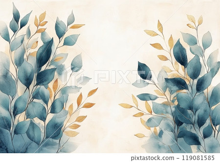 Pale grass green and shiny gold leaf background 119081585