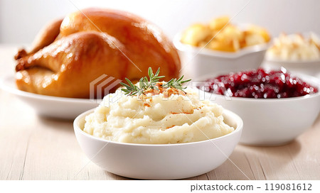 Delicious Thanksgiving meal featuring roasted turkey, creamy mashed potatoes, cranberry sauce, and other side dishes. 119081612