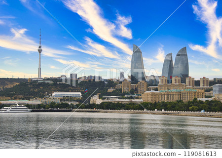 Baku skyline, a modern city on the Caspian Sea coast 119081613