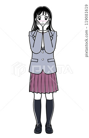A high school girl in a blazer blushing with both hands on her cheeks (simple) 119081619