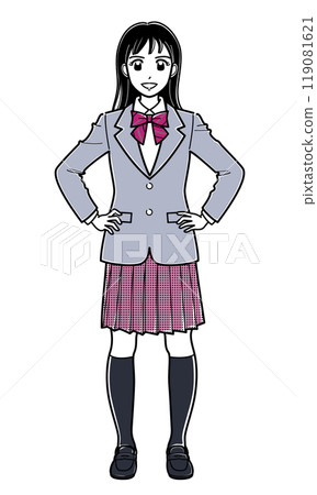 A high school girl in a blazer standing with her legs apart (simple) 119081621