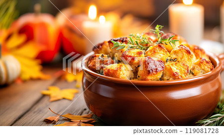 Warm, inviting dish of golden brown bread stuffing sits in rustic ceramic bowl, surrounded by autumn leaves and glowing candles 119081728