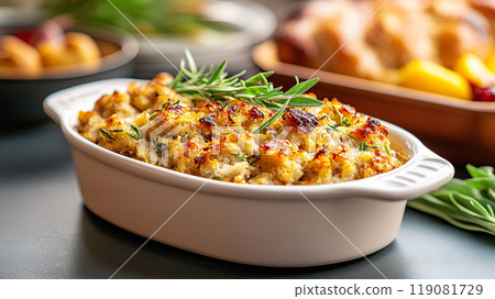 Delicious homemade stuffing dish garnished with fresh rosemary, perfect for cozy family dinner. 119081729
