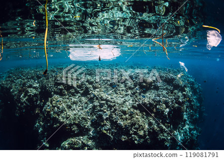 Underwater sea with plastic and plastic bags, ecological problem 119081791