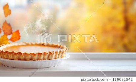 Warm, freshly baked pumpkin pie sits on windowsill, with steam rising against backdrop of vibrant autumn leaves. Warm, freshly baked pumpkin pie sits on windowsill, with steam rising against backdrop of vibrant autumn leaves. 119081848
