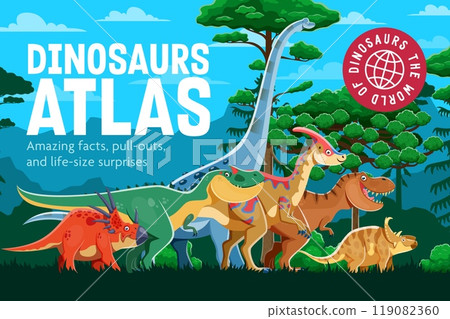 Cartoon prehistoric dinosaur characters, encyclopedia book cover vector template. Funny jurassic dino animals and reptiles in jungle forest. Cute tyrannosaurus rex, allosaurus, titanosauria dinosaurs 119082360