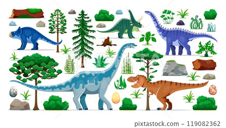 Prehistoric dinosaurs characters and Jurassic lizards in forest jungles, cartoon vector. Prehistoric extinct animals, reptiles and dinosaur egg of T-rex tyrannosaurus for kids atlas book or dino world 119082362