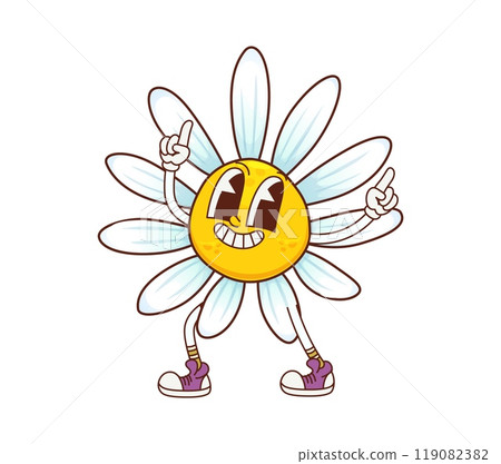 Groovy daisy chamomile flower character. Cartoon vector charming hippie camomile blossom with white petals, cheerful expression and retro sneakers exudes joy, positivity, and playful summer vibes Groovy daisy chamomile flower character. Cartoon vector charming hippie camomile blossom with white petals, cheerful expression and retro sneakers exudes joy, positivity, and playful summer vibes 119082382