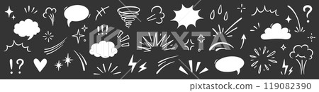 Comic cartoon effect smoke, boom element set. Comic speech bubble, boom burst, explosive smoke, line speed cartoon vector icon. Hand drawn sketch doodle speed element, splash. Vector 119082390