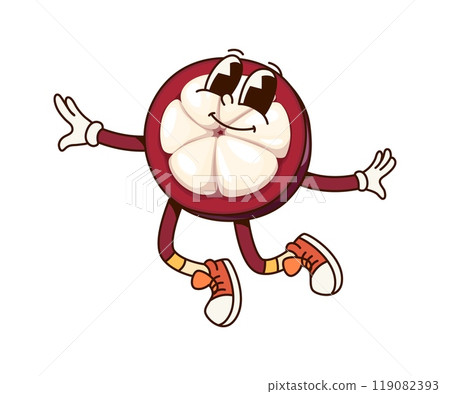Groovy tropical passion fruit half character. Isolated cartoon vector fun and vibrant food personage joyfully jumping in mid-air, embodying happiness and liveliness, radiating playful energetic vibe Groovy tropical passion fruit half character. Isolated cartoon vector fun and vibrant food personage joyfully jumping in mid-air, embodying happiness and liveliness, radiating playful energetic vibe 119082393