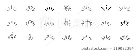 Line explosion surprise burst ray icon elements. Hand drawn explosion surprise line icon for title headline illustration. Doodle exclamation confetti vector Line explosion surprise burst ray icon elements. Hand drawn explosion surprise line icon for title headline illustration. Doodle exclamation confetti vector 119082394