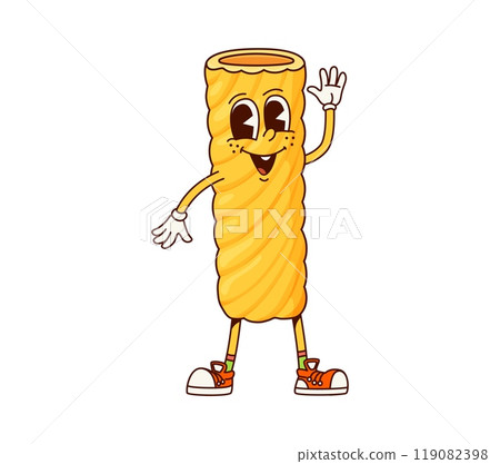 Rigatoni Italian pasta groovy cute character. Italian restaurant wheat pasta happy groovy character, Rigatoni noodle dish or Italy cuisine menu meal 60s 70s hippie isolated vector funny personage 119082398
