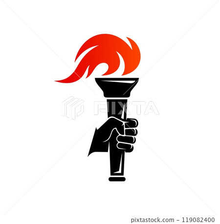 Torch flame icon. Victory and freedom, liberty and champion fire. Vector emblem with hand holding a torch with burning flame, representing success, celebration, leadership, guidance and empowerment Torch flame icon. Victory and freedom, liberty and champion fire. Vector emblem with hand holding a torch with burning flame, representing success, celebration, leadership, guidance and empowerment 119082400