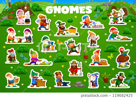 Cartoon gnomes and dwarfs characters stickers, vector fairy tale village workers. Gnomes or little dwarfs stickers with gardener or farmer, leprechaun miner and blacksmith or woodworker and hunter Cartoon gnomes and dwarfs characters stickers, vector fairy tale village workers. Gnomes or little dwarfs stickers with gardener or farmer, leprechaun miner and blacksmith or woodworker and hunter 119082425