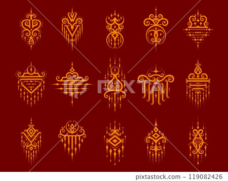 Sacred thai symbols of oriental gold pattern, vector line art elements. Thailand ornaments set for tattoo, mystic talisman and amulet. Sacred thai symbols with traditional oriental swirls pattern 119082426