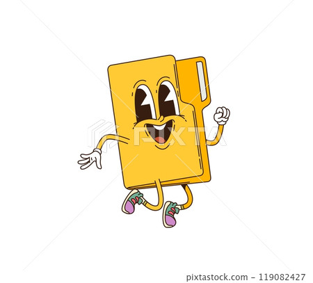 Cartoon groovy computer folder retro character with yellow body, joyful face with big, expressive eyes, and playful, dynamic jumping pose. Isolated vector whimsical personage exudes nostalgia and fun Cartoon groovy computer folder retro character with yellow body, joyful face with big, expressive eyes, and playful, dynamic jumping pose. Isolated vector whimsical personage exudes nostalgia and fun 119082427