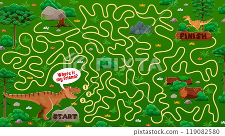 Kids labyrinth maze game worksheet to help to dinosaur find his friend, vector quiz. Kids game labyrinth maze with path for T-rex dinosaur to find way to velociraptor dino character in Jurassic forest 119082580