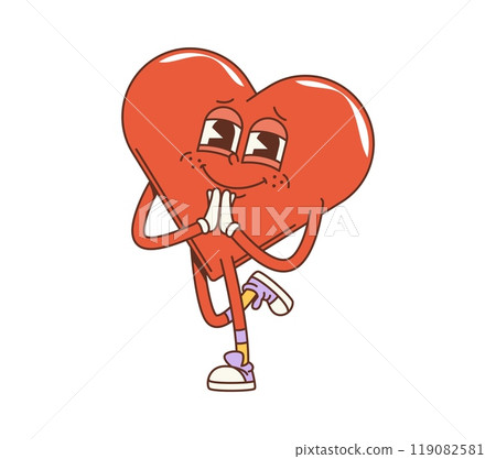 Cartoon groovy math geometric heart figure. Isolated vector personage for kids education. Red blushing heart with a shy smile, wears socks and sneakers, embodies love with a playful, hippie twist Cartoon groovy math geometric heart figure. Isolated vector personage for kids education. Red blushing heart with a shy smile, wears socks and sneakers, embodies love with a playful, hippie twist 119082581