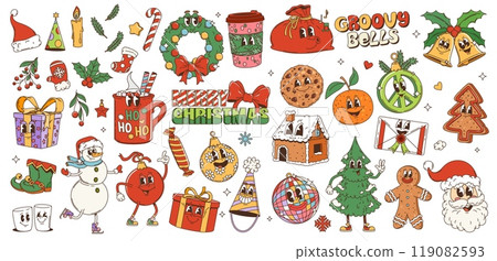 Retro cartoon groovy Christmas characters and winter holiday funky emoji, vector 70s art icons. Retro cartoon groovy Santa and gifts, quirky snowman or psychedelic Christmas tree decoration characters 119082593