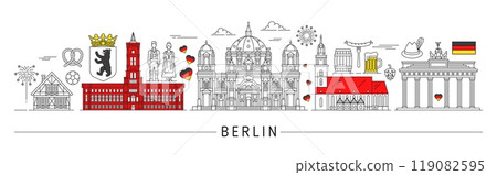 Berlin silhouette, Germany travel landmarks and city skyline featuring iconic cultural symbols like Brandenburg Gate, Berlin Cathedral, Rotes Rathaus and traditional German history or culture elements 119082595
