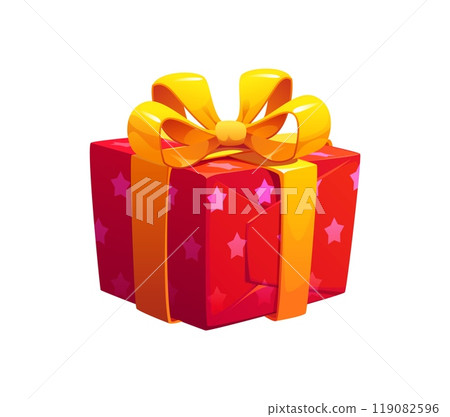 Cartoon festive red gift box decorated with pink stars and wrapped in a bright yellow ribbon bow. Isolated vector festive present for celebration birthday, Christmas or special occasions and events 119082596