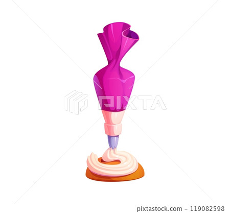Piping bag filled with cream for decorating a pastry or cake, with a swirl of frosting being applied from the sleeve onto a small cookie base. Isolated cartoon vector confectionery cooking process 119082598