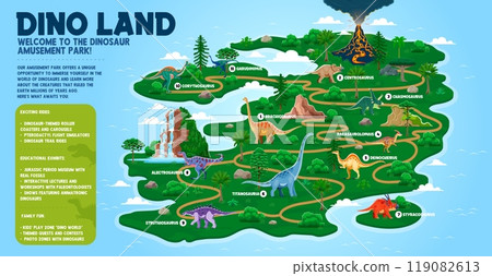 Dino park map with prehistoric dinosaur animals of Jurassic era, vector template. Dino land amusement park and prehistoric dinosaurs exhibition island map with direction to extinct animals and lizards Dino park map with prehistoric dinosaur animals of Jurassic era, vector template. Dino land amusement park and prehistoric dinosaurs exhibition island map with direction to extinct animals and lizards 119082613