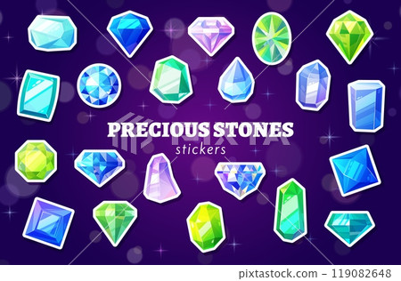 Cartoon jewelry and crystal gems stickers pack. Vector set of patches with colorful gemstones and shiny precious stones like diamonds and emeralds for diy, decoration and kids creative hobbies 119082648