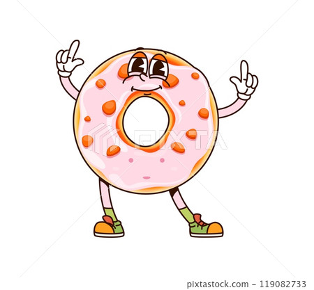 Groovy donut dessert character. Cartoon funny vector bakery retro personage with pink glaze, sprinkles and smiling face, showing fingers up. Doughnut bakehouse production, kawaii confectionery sweets Groovy donut dessert character. Cartoon funny vector bakery retro personage with pink glaze, sprinkles and smiling face, showing fingers up. Doughnut bakehouse production, kawaii confectionery sweets 119082733
