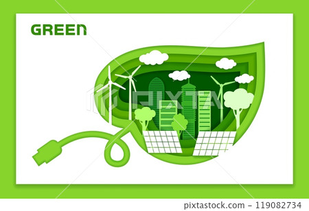 Paper cut eco city on green leaf silhouette, symbolizing eco-friendly living. Vector wind turbines, high-rise buildings, trees, and solar panels, representing renewable energy and urban sustainability Paper cut eco city on green leaf silhouette, symbolizing eco-friendly living. Vector wind turbines, high-rise buildings, trees, and solar panels, representing renewable energy and urban sustainability 119082734