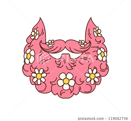 Groovy retro hippie beard with daisy flowers, vector cartoon or 70s funky art. Groovy pink beard with mustaches and daisy flowers for mask or avatar effect for glamor disco pop or hippie style sticker 119082736