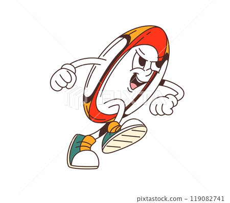 Cartoon retro groovy rugby ball character in a dynamic running pose. Isolated vector sports equipment personage with determined expression, wearing sneakers, and exudes energetic and playful vibe 119082741