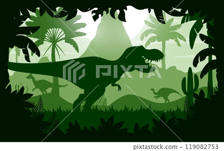 Prehistoric T Rex tyrannosaurus dinosaur silhouette in forest jungle, vector cartoon background. Prehistoric Jurassic giant T-rex lizard dinosaur in forest with volcano mountain and palms silhouette 119082753