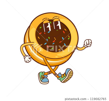 Cartoon groovy cookie character with colorful sprinkles walking joyfully with playful and amusing vibes. isolated vector happy bakery, treat, dessert personage conveying retro fun and culinary delight Cartoon groovy cookie character with colorful sprinkles walking joyfully with playful and amusing vibes. isolated vector happy bakery, treat, dessert personage conveying retro fun and culinary delight 119082765