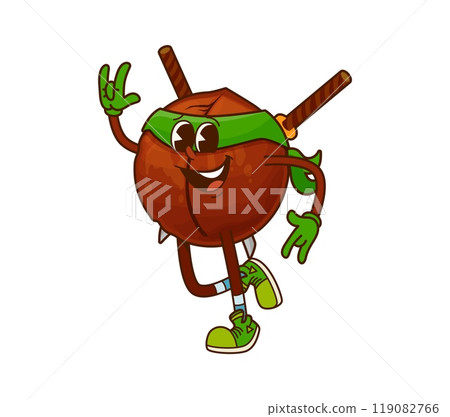 Groovy macadamia superhero nut character dressed in a green mask, gloves, and sneakers, wielding swords as weapons. Cartoon vector kernel defender personage exuding energy, strength, and playfulness Groovy macadamia superhero nut character dressed in a green mask, gloves, and sneakers, wielding swords as weapons. Cartoon vector kernel defender personage exuding energy, strength, and playfulness 119082766