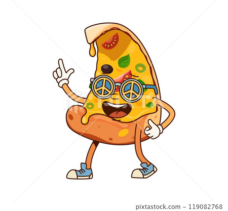 Groovy fast food pizza slice character wearing hippie sunglasses with peace symbols, exudes fun and excitement in sneakers and gloves, showing a lively and cheerful expression, spread positive vibes 119082768
