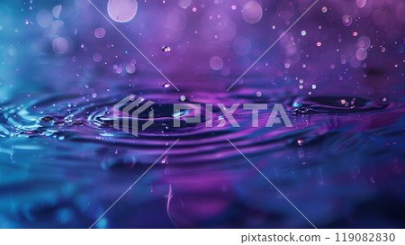 Serene water ripples form under dancing purple droplets 119082830