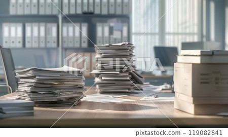 Towering paperwork stack dominates busy desk scene Towering paperwork stack dominates busy desk scene 119082841