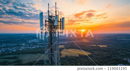 Telecommunication tower with cellular antennas for 5g, 4g, 3g mobile internet Telecommunication tower with cellular antennas for 5g, 4g, 3g mobile internet 119083195