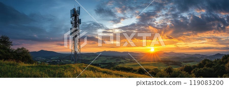 Telecommunication tower with cellular antennas for 5g, 4g, 3g mobile internet Telecommunication tower with cellular antennas for 5g, 4g, 3g mobile internet 119083200