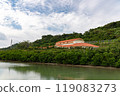 The water surface of the Norikawa River and Minami Funeral Hall, Tomigusuku City, Okinawa Prefecture 119083273