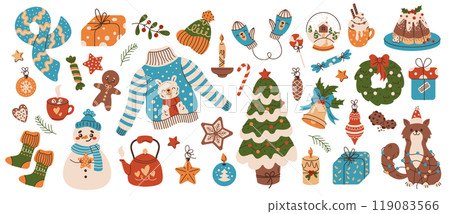 Christmas season festive symbols flat color vector objects 119083566