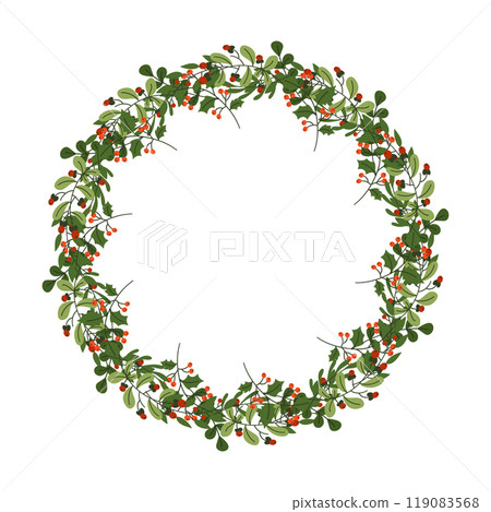 Christmas wreath with holly leaves and berries flat object Christmas wreath with holly leaves and berries flat object 119083568