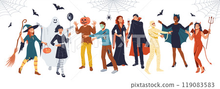 Adults in spooky Halloween attire flat vector illustration Adults in spooky Halloween attire flat vector illustration 119083583