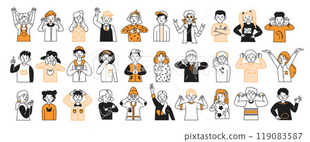 Children showing various emotions color linear icons set 119083587